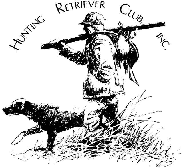 Hunting Retriever Club, Inc. emblem: a hunter carrying a shotgun walks through grass with a retriever.